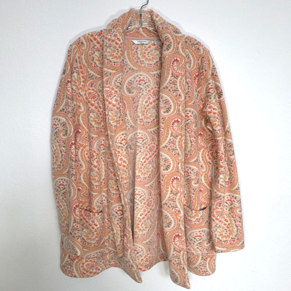 Liz Claiborne Womens M Open Front Fleece Cardigan Pockets Paisley Peach Pink